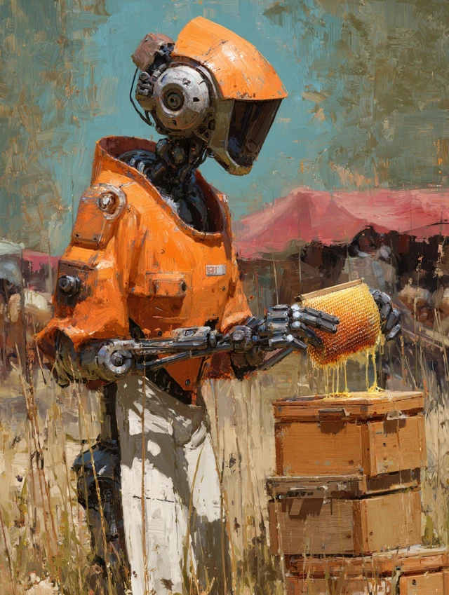 Retrofuturistic Robot Beekeeper Painting