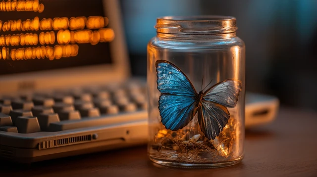 Blue Butterfly in a Jar and Retro Laptop