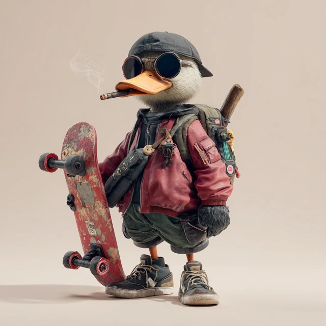 Ninja Duck on Skateboard Cool 3D Render
