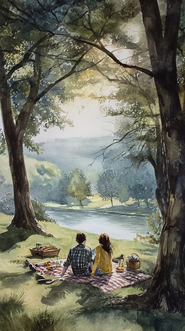 Picnic by the lake Watercolor Painting