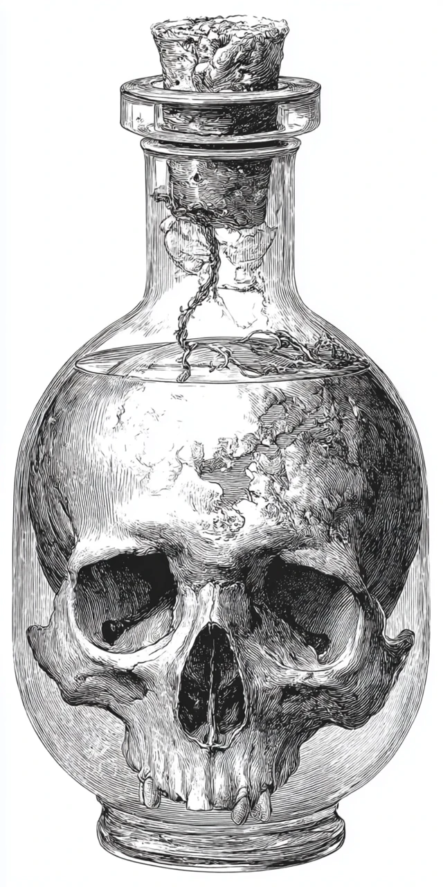 Mutated Skull in a Potion Bottle Engraving