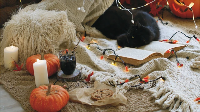 Vintage Halloween Flat Lay Pumpkins Black Cats