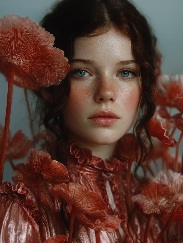 Surreal Beauty Brunette in Coral Dress with Mushrooms