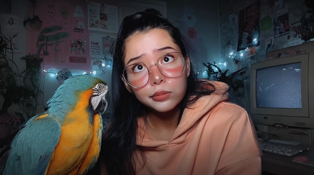 Girl with Parrot in Chaotic Room