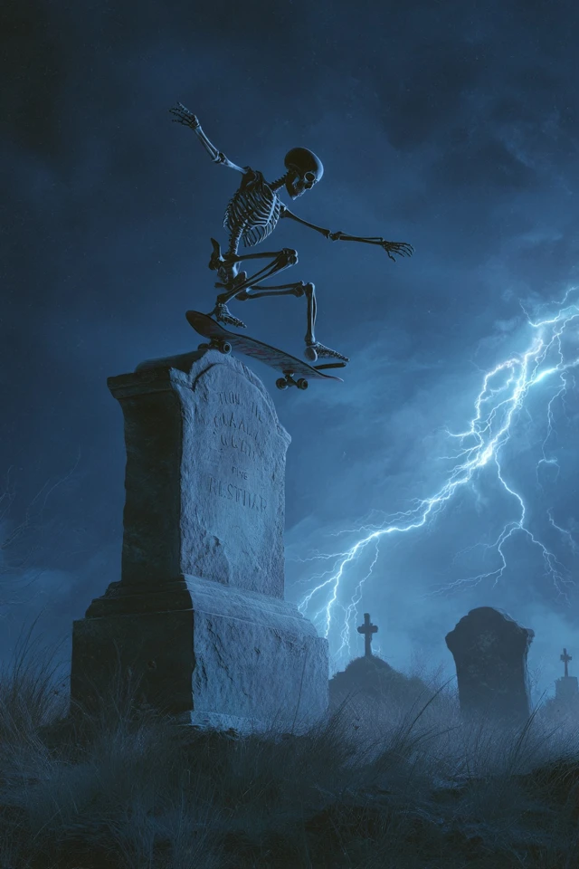 Skeleton Skateboarder Stormy Night