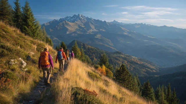 Hikers on Mountain Trail Scenic Landscape Adventure