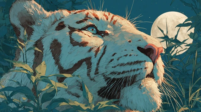 White Tiger Moonlit Night Illustration