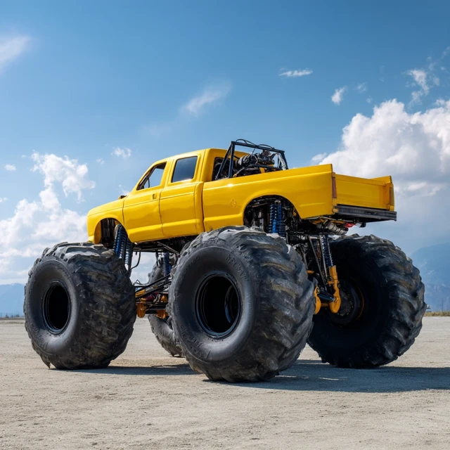 Yellow Monster Truck Rear View Against Blue Sky