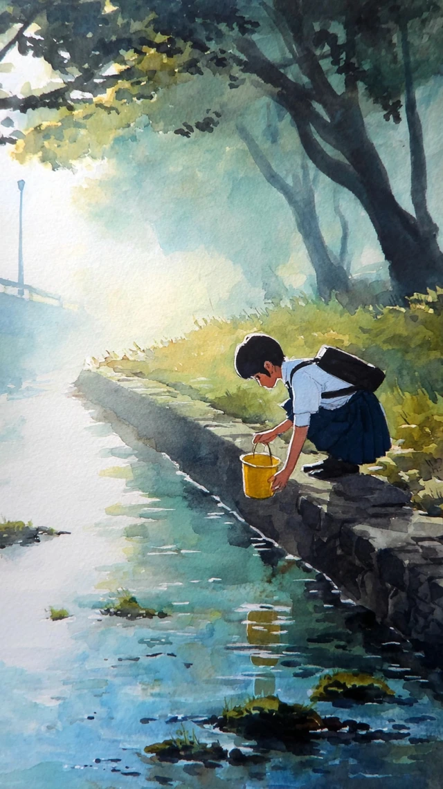 Japanese Student Cleaning Riverside Watercolor Art