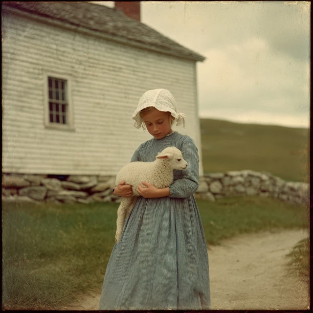 Young Girl and Lamb in 1810s New England