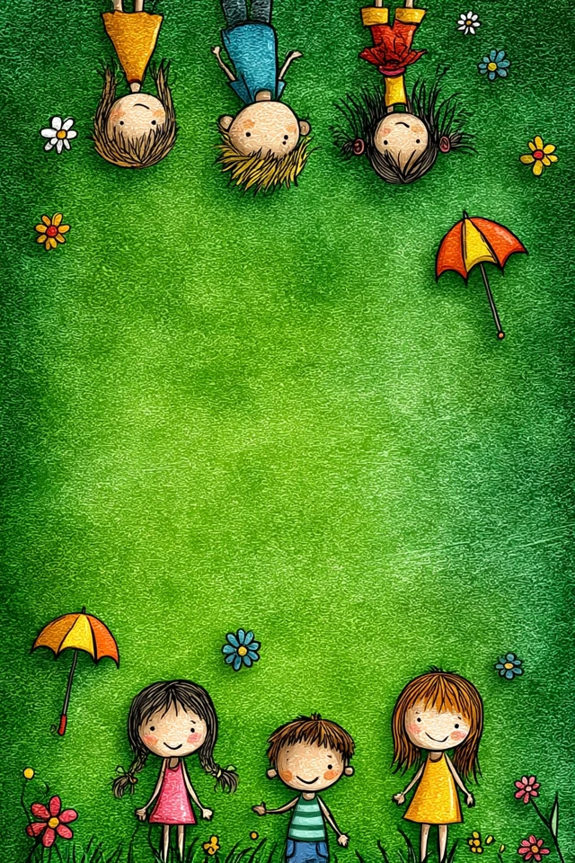 Childs Playful Sketch with Flowers and Children