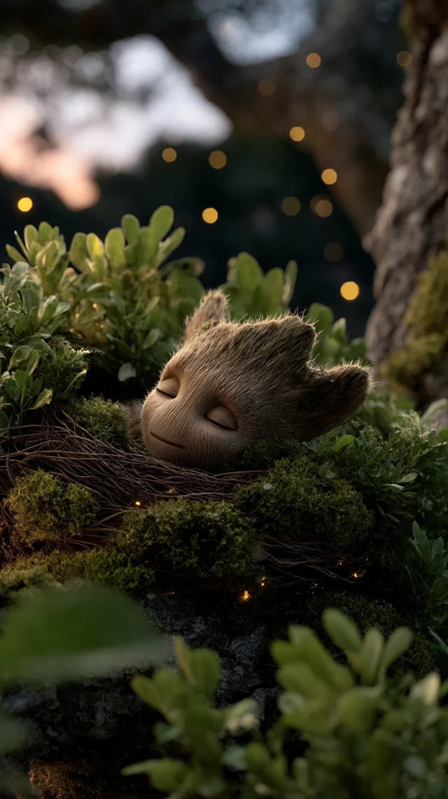 Baby Groot Sleeping in a Magical Forest