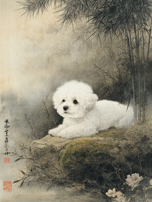 Chinese Ink Painting Bichon Frise in Misty Forest