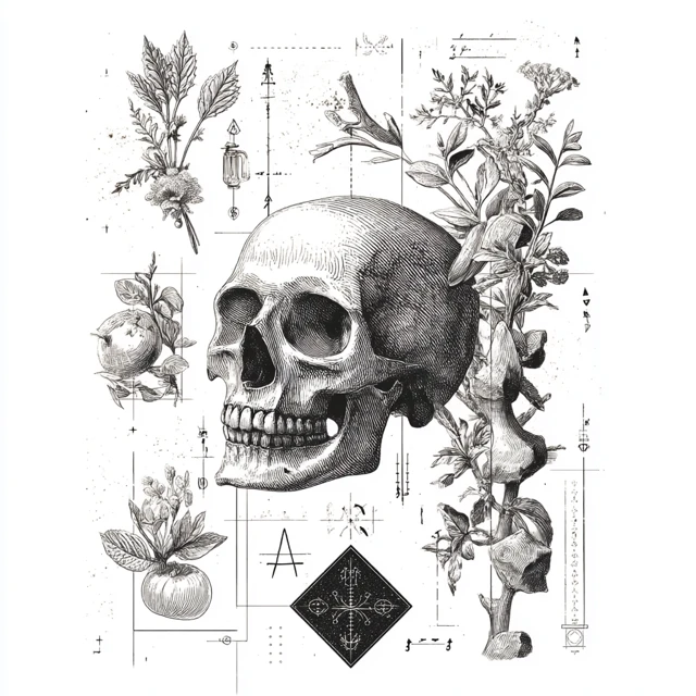 Emo Tattoo Design Skull Botanical and Alchemical