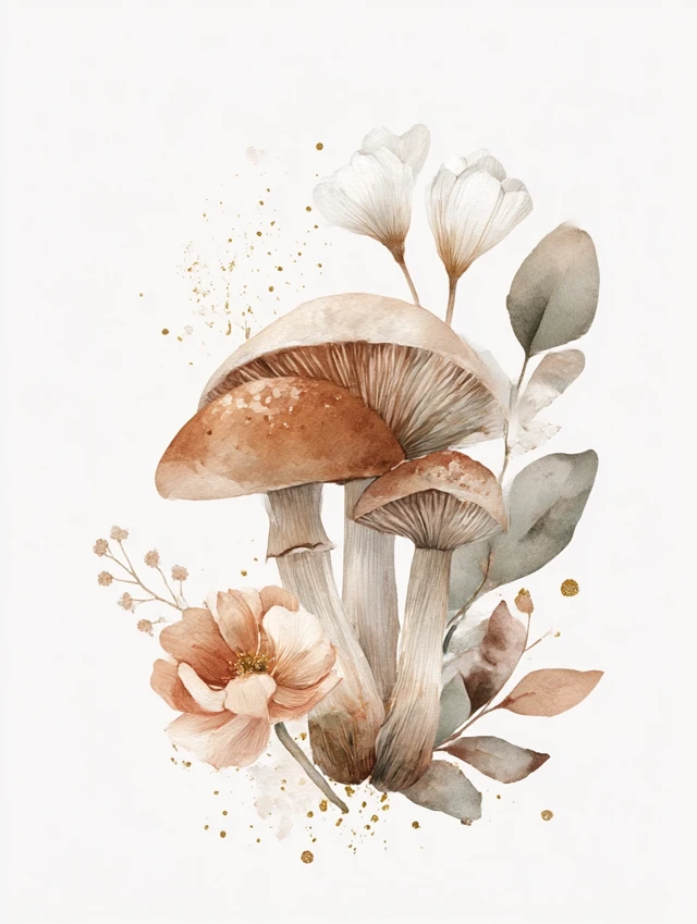 Watercolor Mushroom and Floral Art