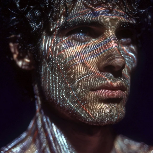 Man and Sparkling Sculpture Reflection