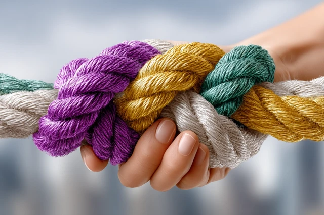 Hands Holding Colorful Ropes Knot