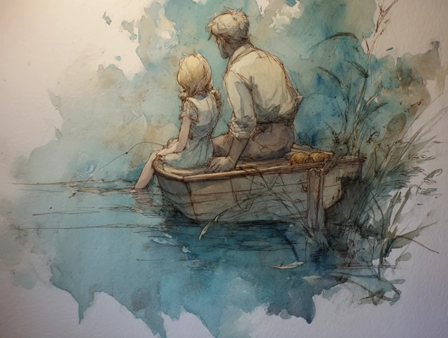 Father and Daughter Fishing in a Watercolour Boat