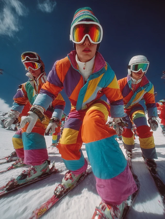 Retro 90s Ski Fashion Ad Vibrant Colors and Bold Designs