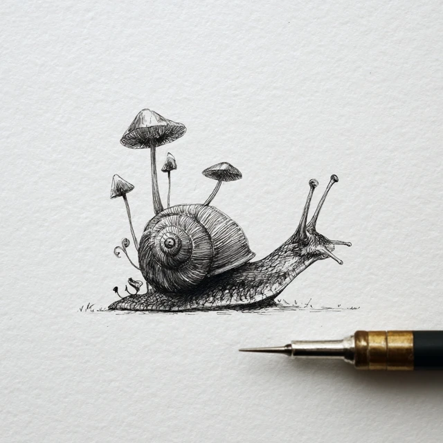 Microrealism Snail with Mushrooms Art