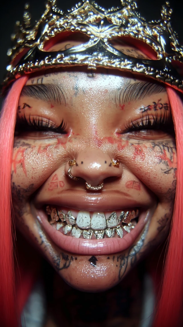 Pink Haired Girl with Gold Teeth Crown Face Tattoo