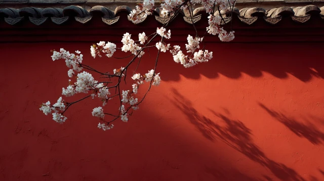 Cherry Blossoms on Red Wall Wallpaper