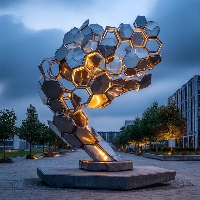 Abstract Stainless Steel Hive Sculpture with Lighting