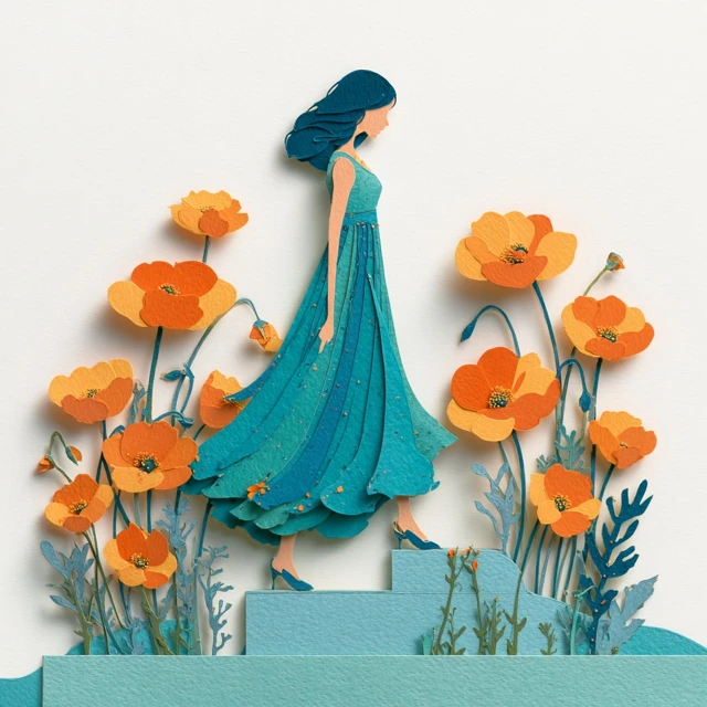 Girl in Turquoise Dress Paper Cut Art