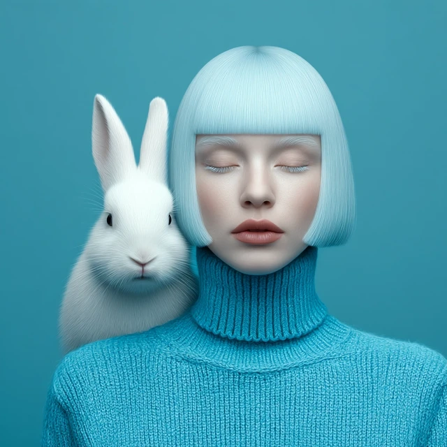 Surreal Portrait: Rabbit Head and Bob Haircut in Pastel Blue