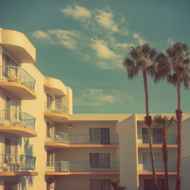 Vintage Hotel with Palm Trees Pastel Tones