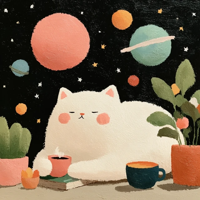 Dreamy Cat in Space with Tea