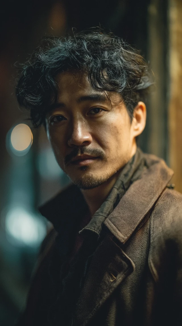 Mature Asian Man in Trench Coat Cinematic Portrait