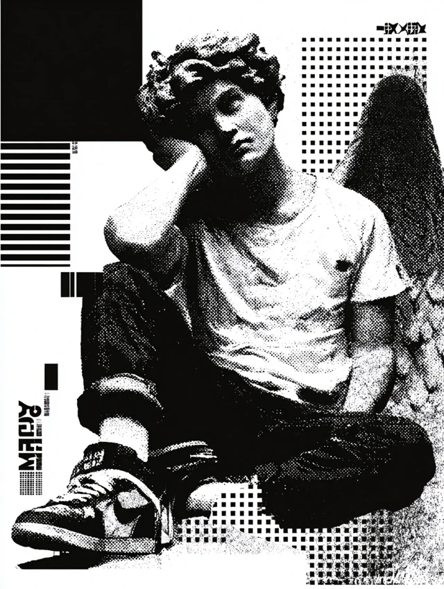 Marble Angel Streetwear Design Black and White Art