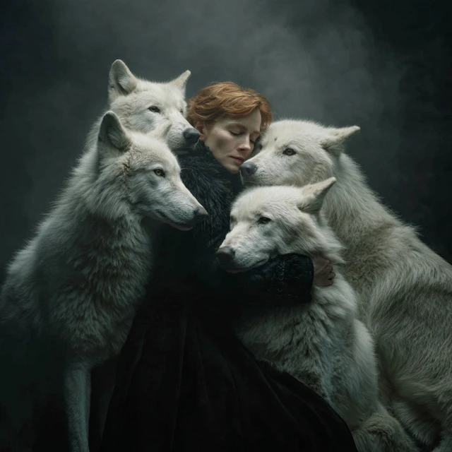 Woman Embracing Snow Wolves Cinematic Photo