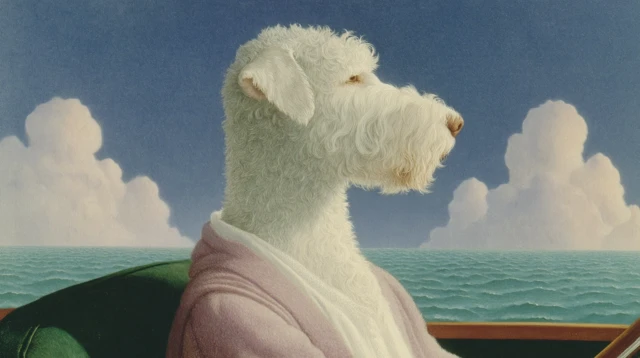 Dog in Boat on the Ocean Nostalgic Surreal Art