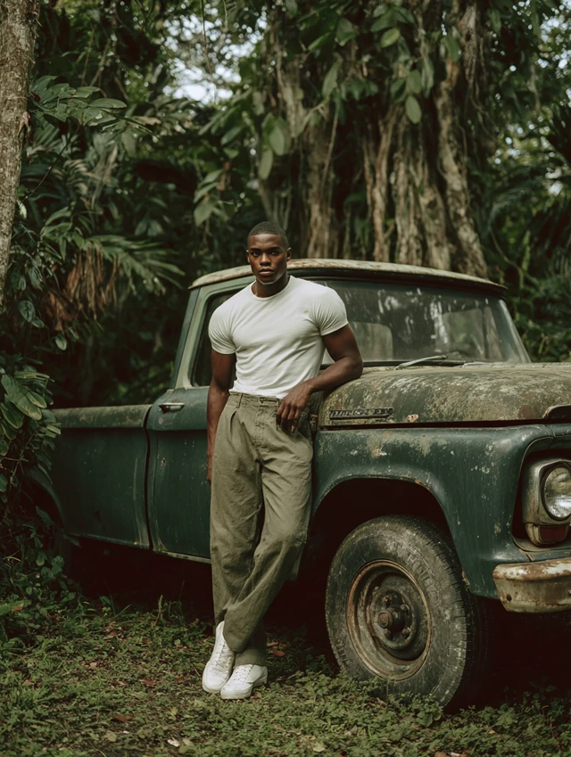 Black Male Model in Cuban Jungle Vintage Truck