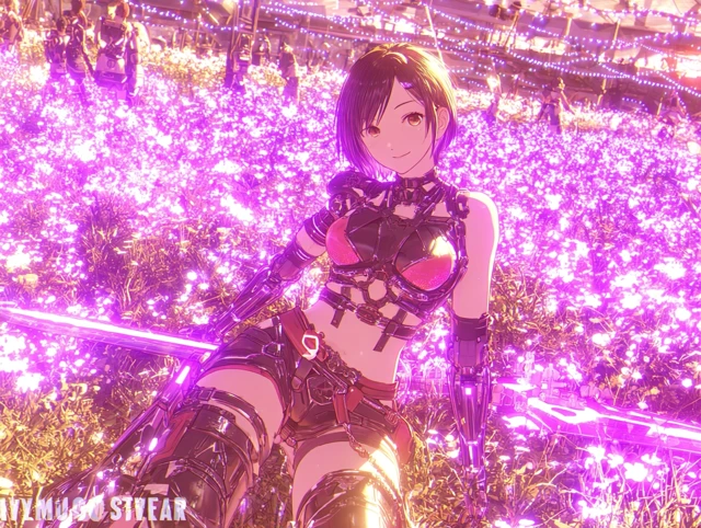 Cyberpunk Cyborg Woman in a Field of Flowers