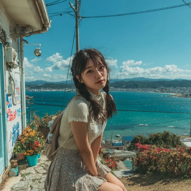Vintage Japanese Girl Coastal Scene Photography