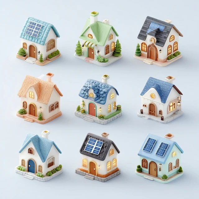 3D Cartoon Houses with Solar Panels Emoji Style
