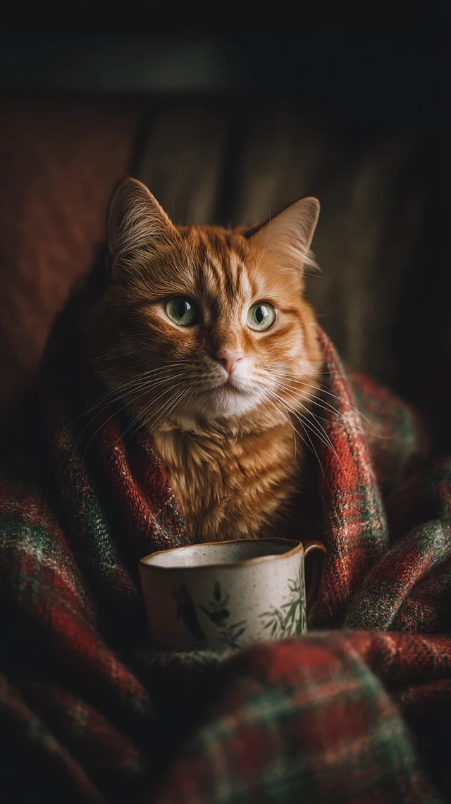 Orange Cat with Green Eyes Cozy with Blanket