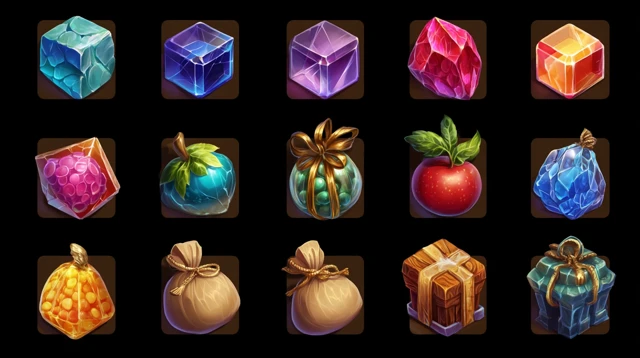 Game Asset Icons Gems Gifts and Fruits 3D Cartoon