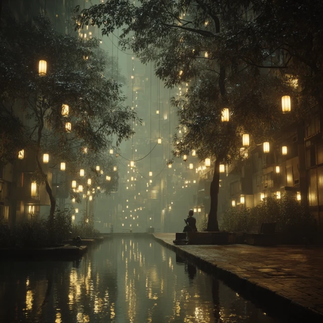 Lantern City Landscape A Peaceful Night Scene