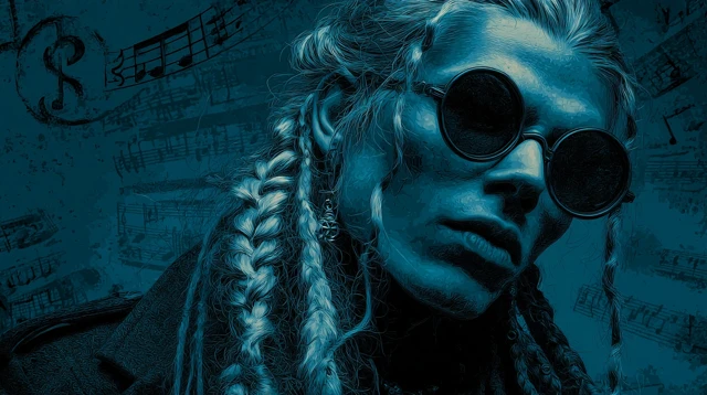 Sinister Musician Portrait with Dark Blue Backdrop