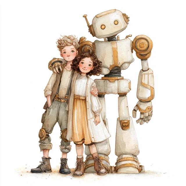 Steampunk Siblings and Robot Companion Watercolor Art