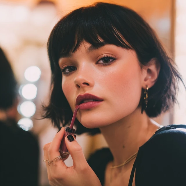 Beautiful Woman Applying Lipstick Confident Look