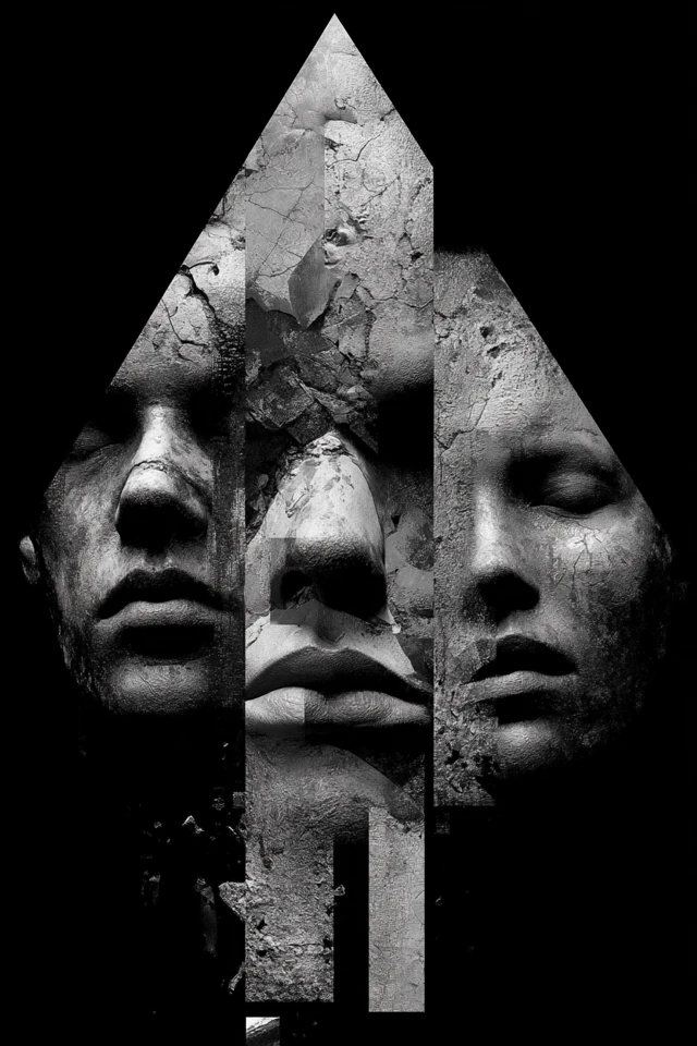 Surreal Faces Pyramid Grayscale Art