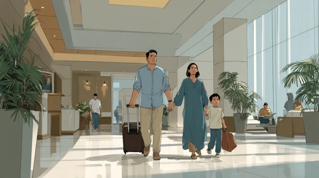 Indonesian Family in Hotel Lobby Illustration