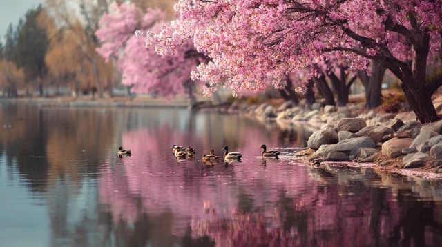 Cherry Blossom Lake Ducks Spring Scene
