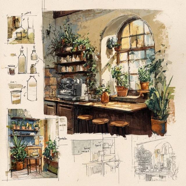 Coffee Shop Design Concepts Pottery Plants Candles Indie
