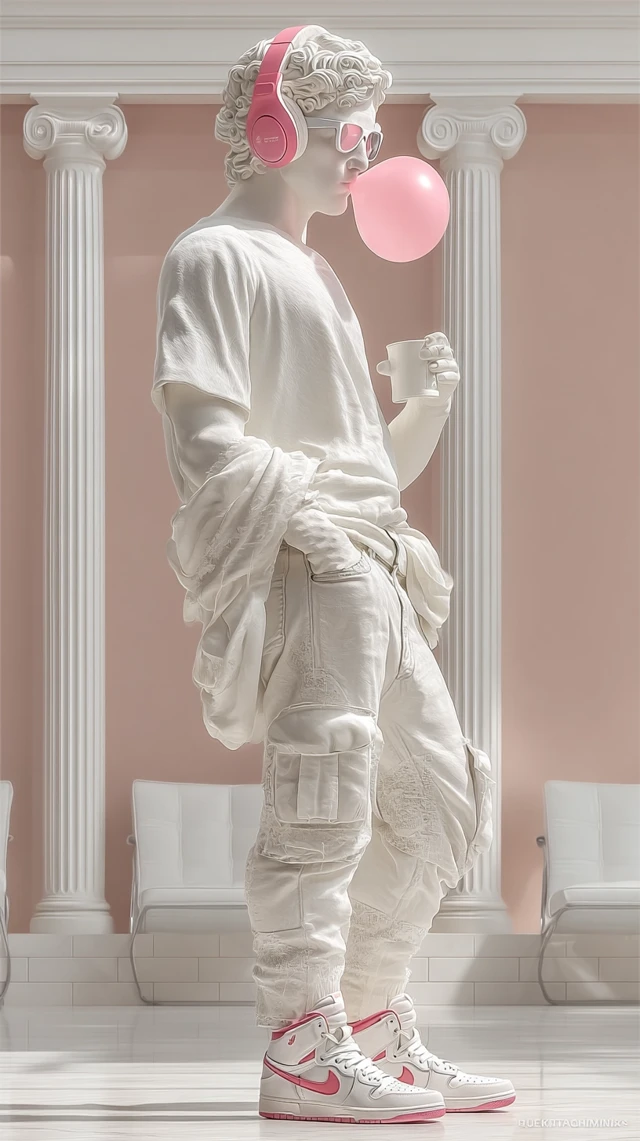 Modern David Statue with Headphones and Bubble Gum
